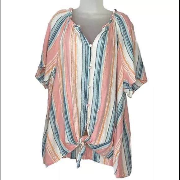 LANE BRYANT Women Sz 24 Pastel Metallic Striped Linen Tie-Front Button Up Blouse - Picture 1 of 12
